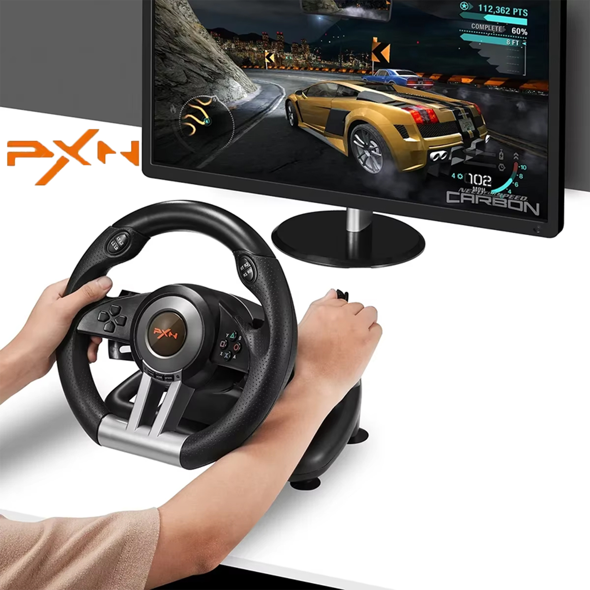 Pc Gaming Entry - PXN V3 レーシングホイール、PC対応、180度 ° リニアステアリング、デュアル振動モーター搭載、ゲームや運転練習に最適