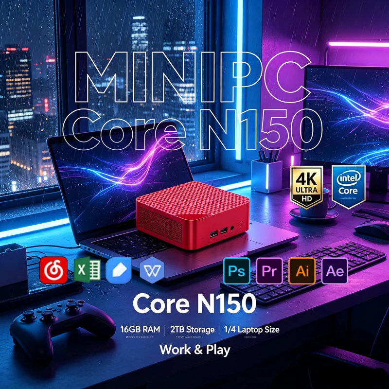 Pc Gaming Editing - 赤色ミニPC、インテルセレロンN150、Win11、16GB RAM 2TB SSD、WiFi6 BT5.2、ホームオフィス、ゲーム、動画編集用4Kワークステーション
